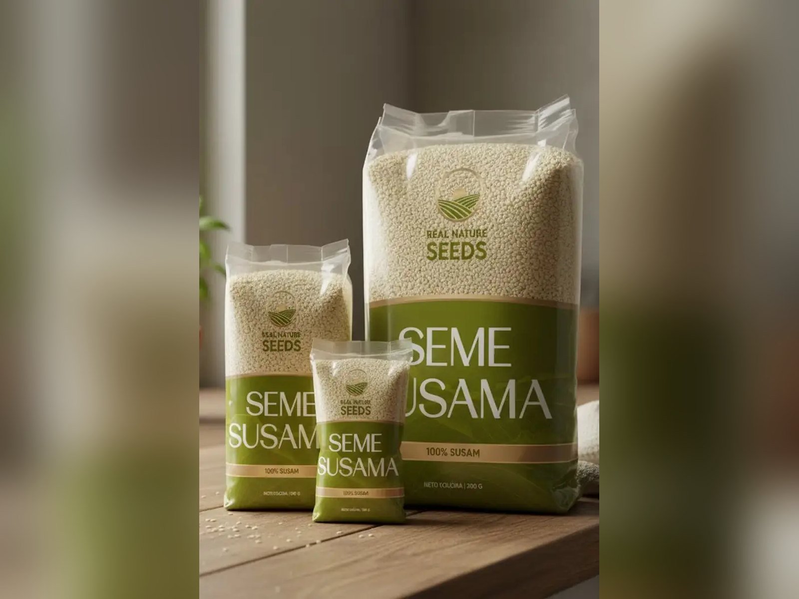 Real Nature Seeds sesame seed retail packs in three sizes