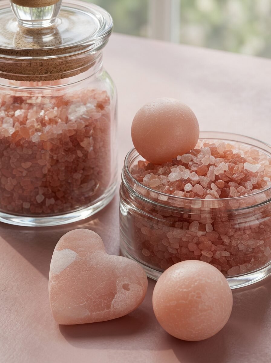 Himalayan salt spa essentials - bath salt, heart-shaped stones and massage spheres