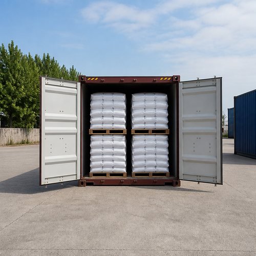 Shipping container loaded with palletised sacks, doors open and ready for despatch